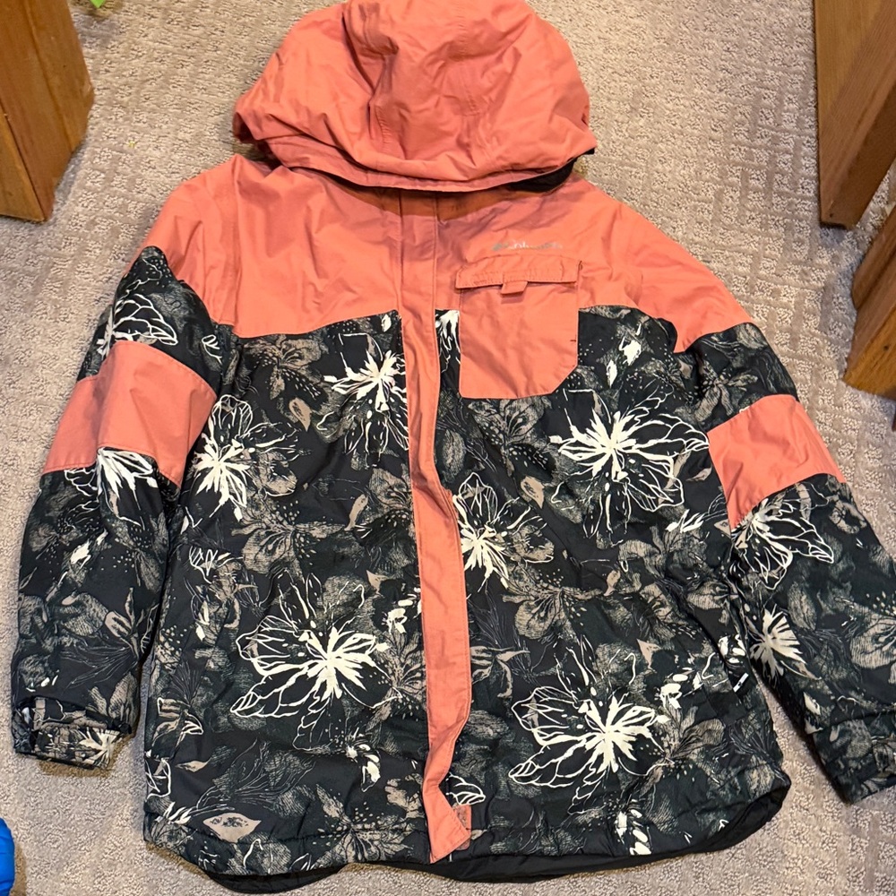 Columbia Girls' Coral and Black Floral Hooded Puffer Jacket